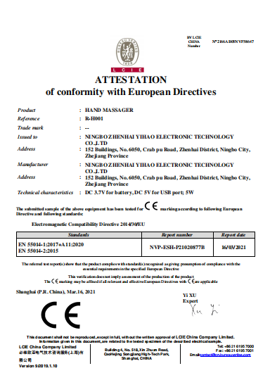 Hand massager CE-EMC certificates