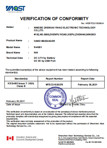 Hand massager IC certificates